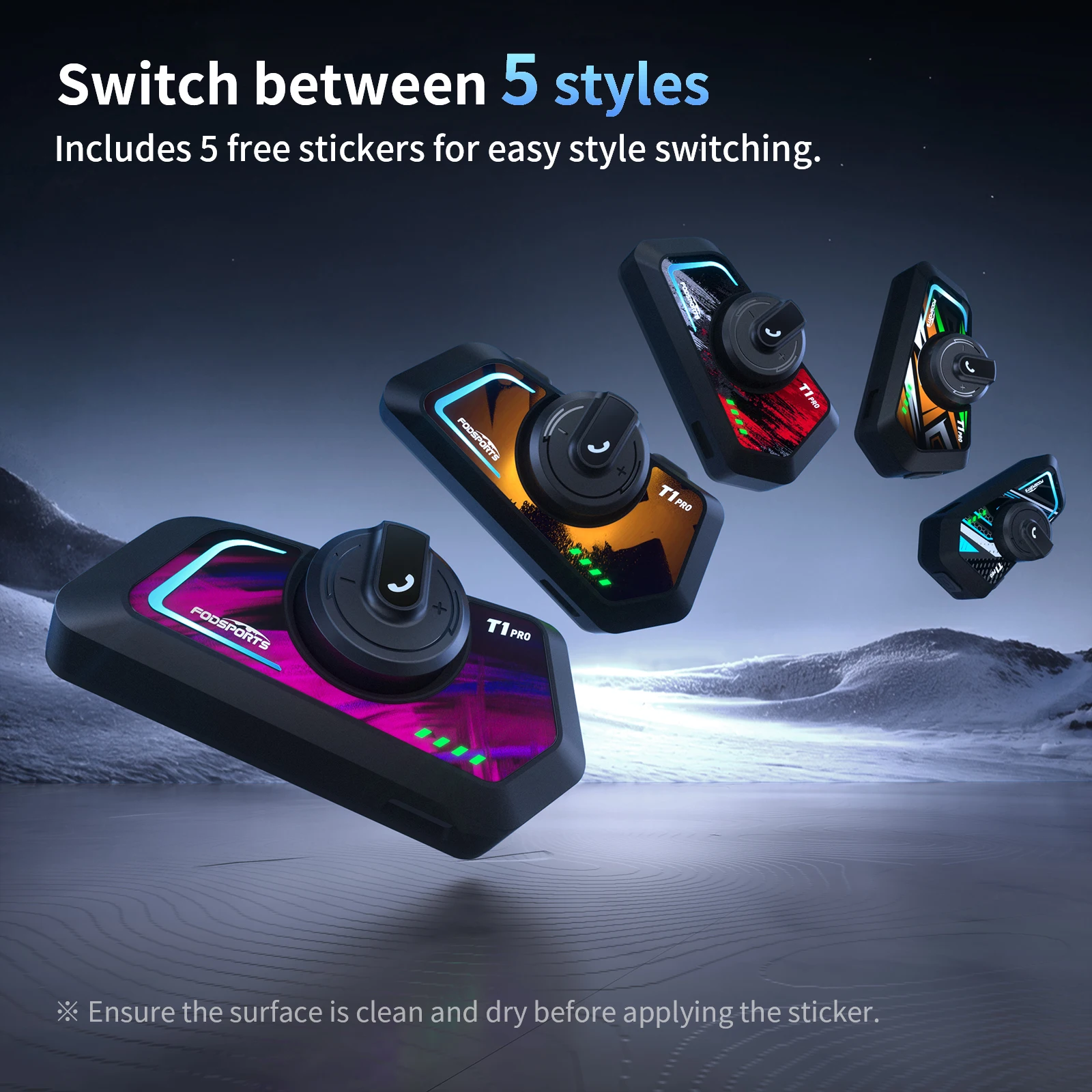 2pcs Fodsports T1 PRO Motorcycle Intercom 6 Riders Bluetooth Helmet Headset,BT5.4,Music Share,FM Radio,5 Stickers