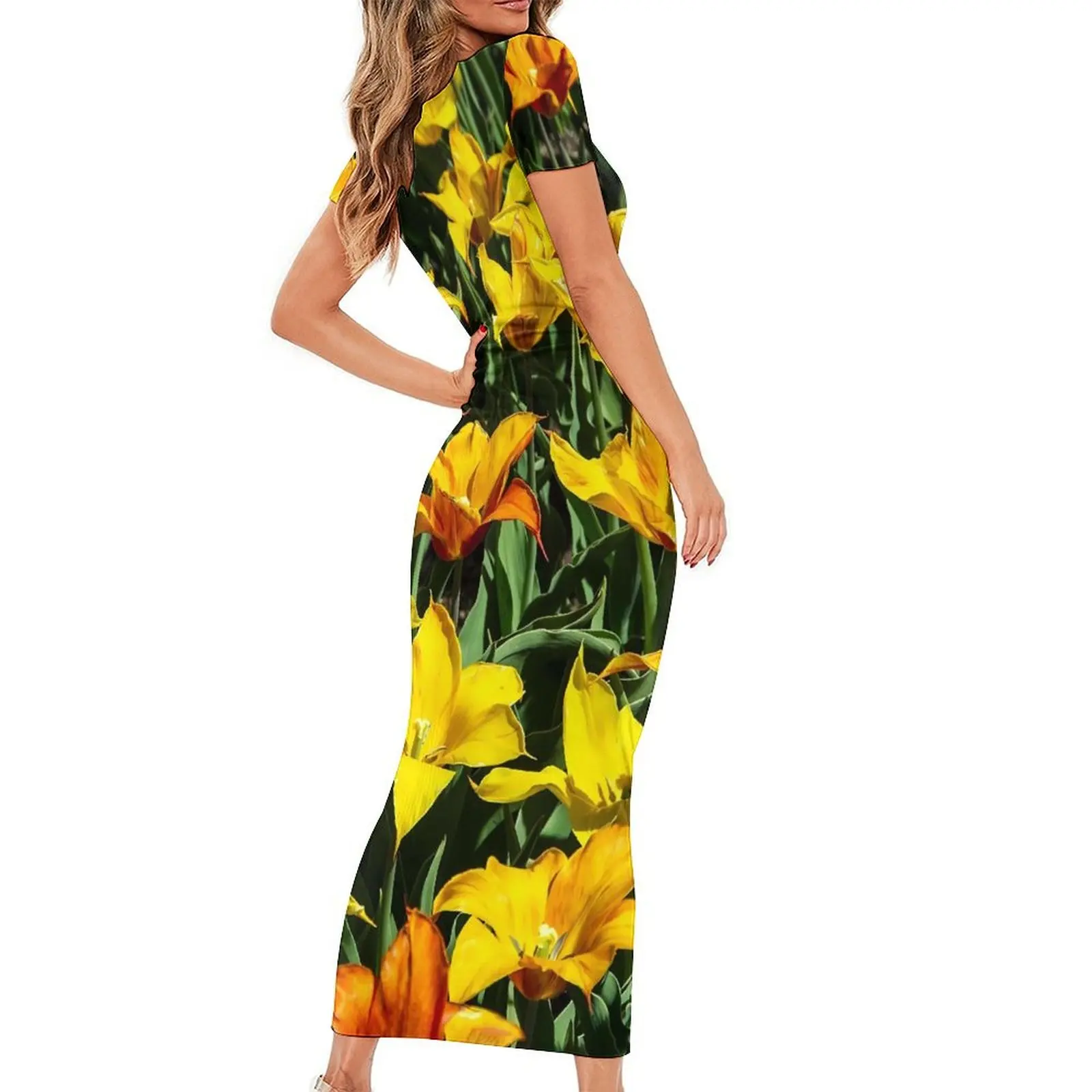 Lily Floral Tulipan Dress Woman Flower Print Street Wear Bodycon Dress Summer Short Sleeve Sexy Maxi Dresses Big Size Vestido