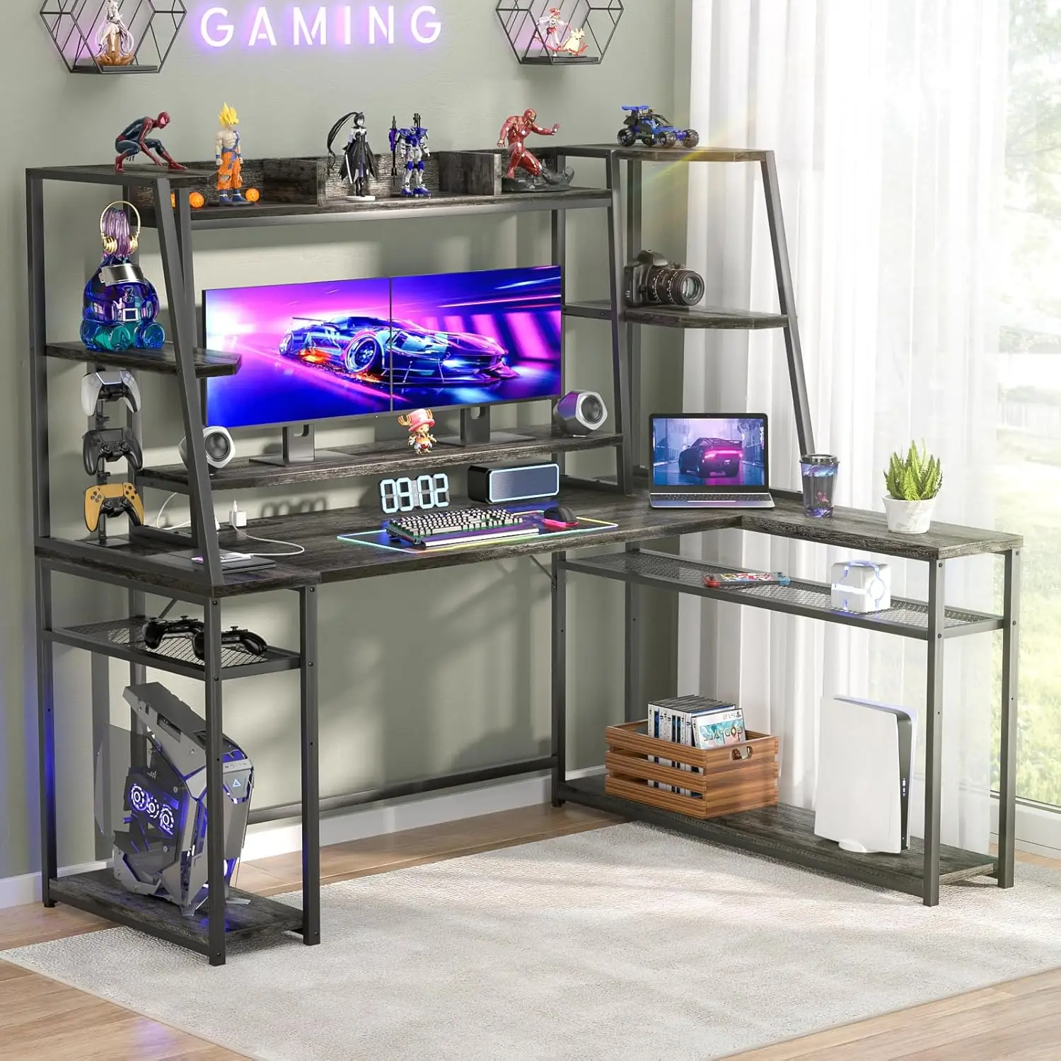 

63'' Large L Shaped Gaming Desk with LED Lights & Power Strips, Reversible Gaming Table Desk with Hutch, L-shaped PC Gaming Desk