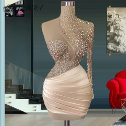 Sexy Champagne Pearls Beads Evening Cocktail Dress 2023 High Neck One Shoulder Short Prom Dress Graduation robes cocktail soirée