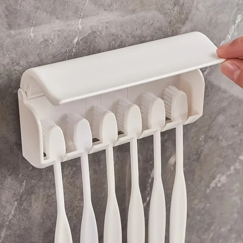Self Adhesive Wall Toothbrush Holder With Cover Holds 6 Toothbrushes Bathroom Storage Organizer