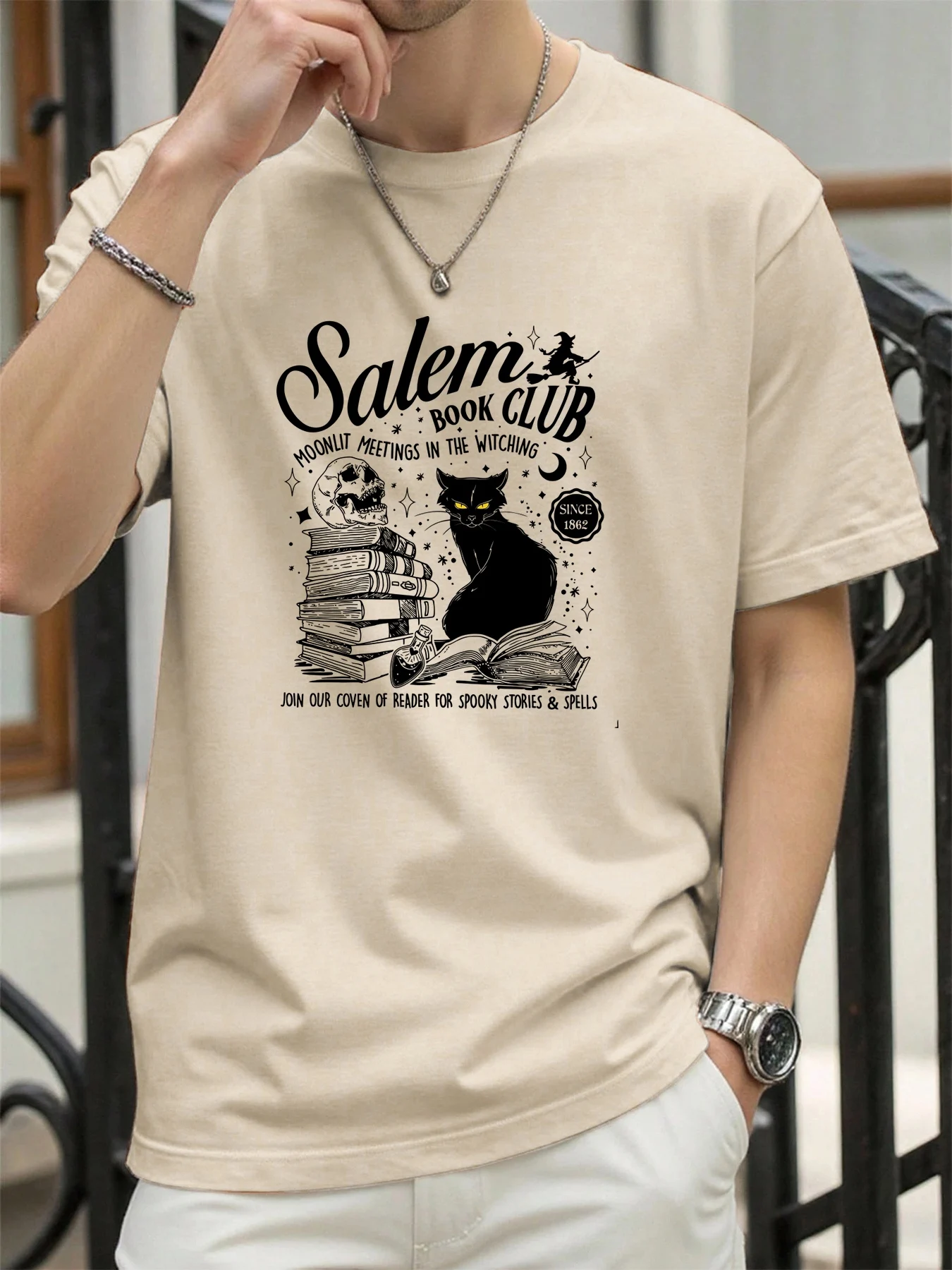 

Salem Book Club Print Mens T Shirts Casual Hip Hop Tops Soft Cotton Short Sleeve Oversize Summer Male Clothes Fashion Top
