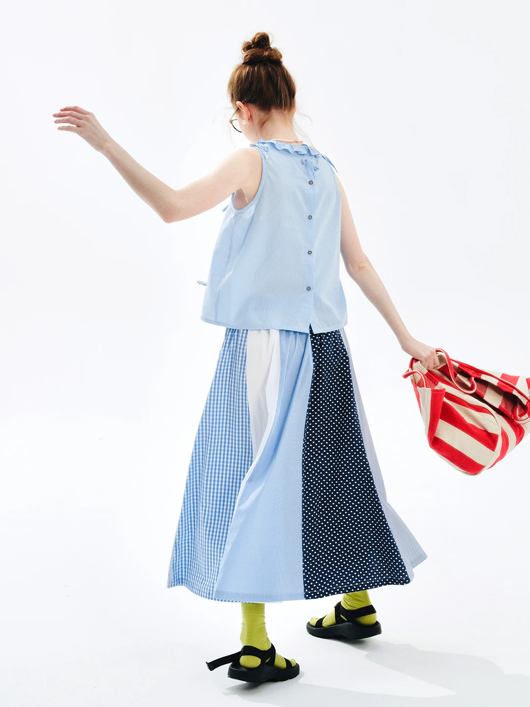 imakokoni 2024 Summer Original Design Blue Checkered Color blocked Half length Skirt A-line Skirt 244726