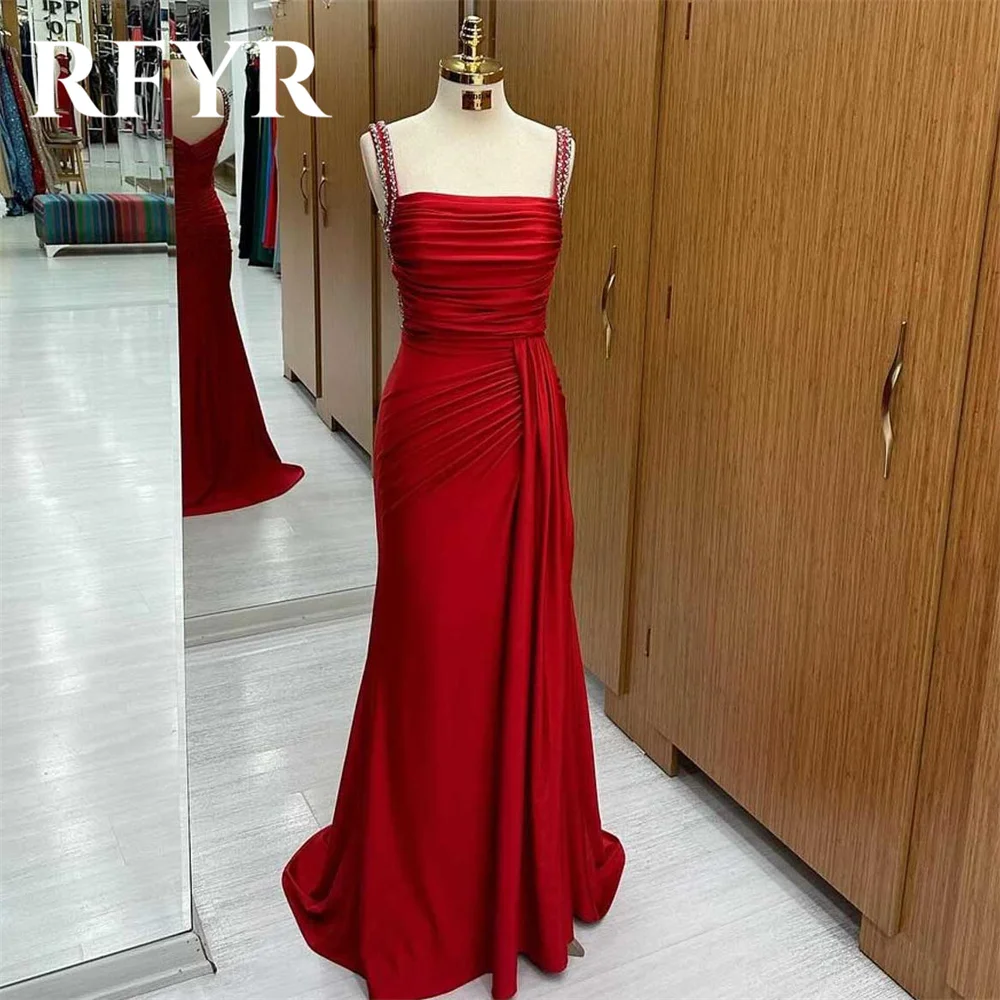 

RFYR Red Mermaid Formal Dress Stain Pleats Party Dress with Pleats Strapless Spaghetti Strap Beaded Occasion Dress robe soirée