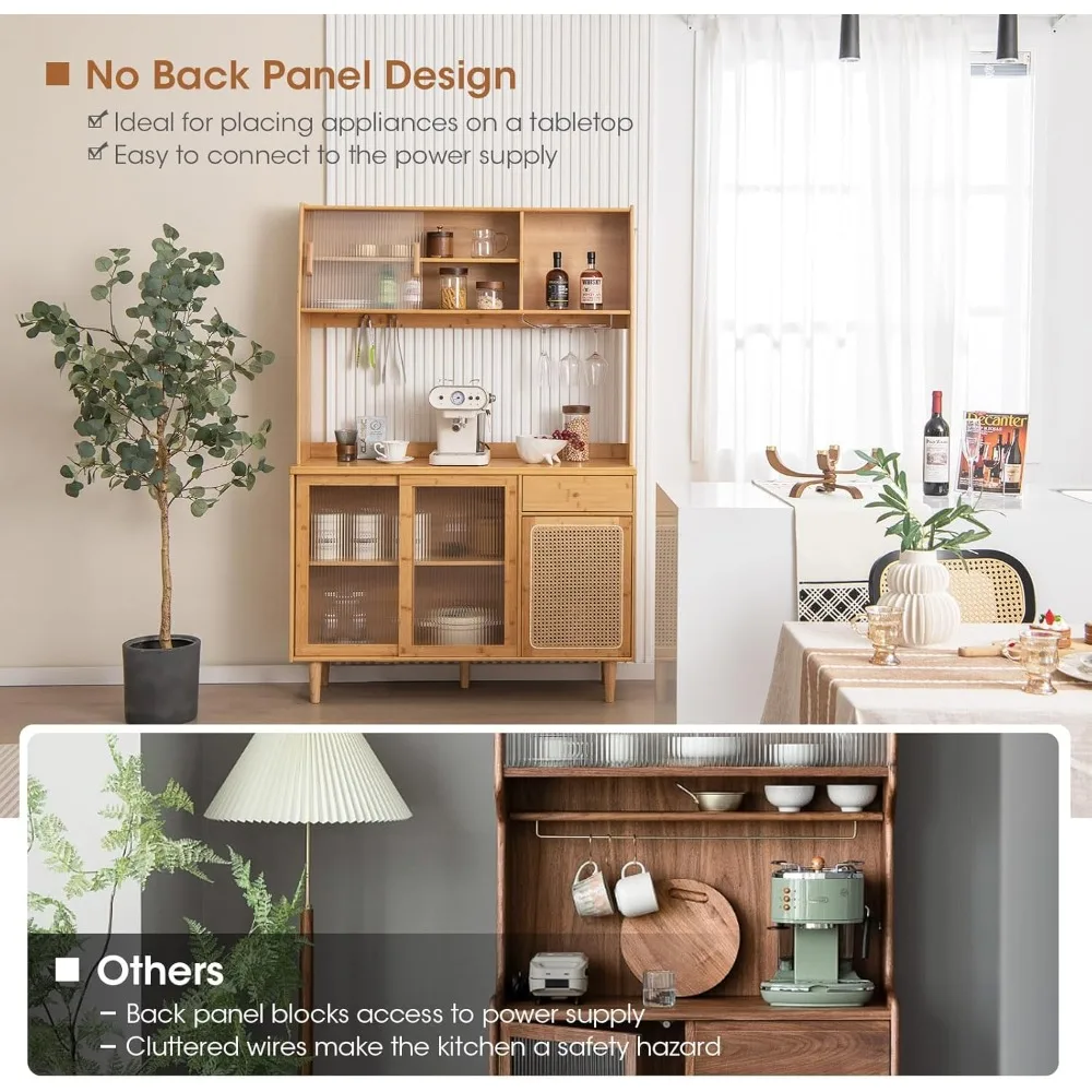 خزانة مخزن، 69 خزانة من الخيزران مع مساحة تخزين، درج، سطح طاولة الميكروويف، حامل زجاجي، خزانة جانبية قائمة بذاتها