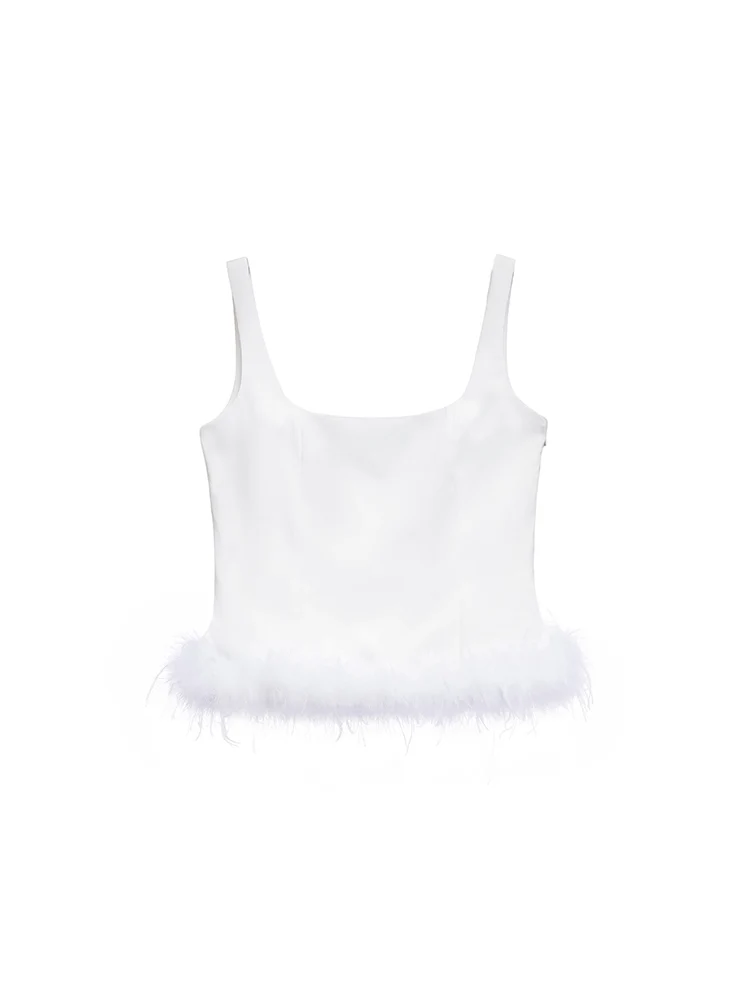 

Willshela Women Fashion With Feather White Side Zipper Camis Vintage Straps Square Collar Female Chic Lady Tops