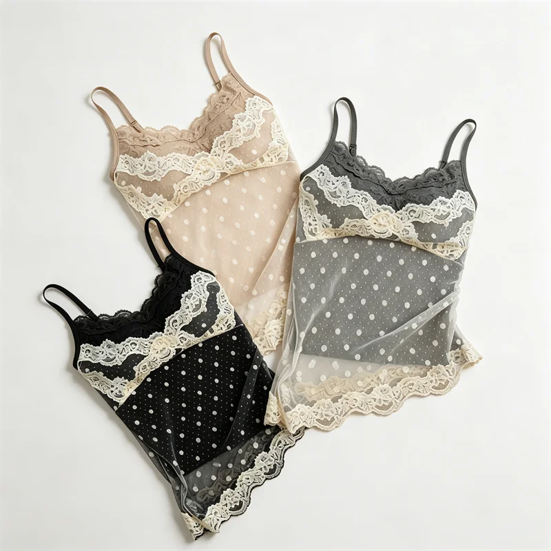 KAROFI Damen-Top mit gepunkteter Spitze, Spaghettiträgern, gepolsterter Brust, verstellbaren Trägern, seitlicher Spitze, sexy Sommer-Alltags-Top A33079 – Detail 5