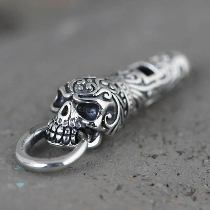

New S925 Sterling Silver Vintage Craft Fashion Skull Head Whistle Pendant