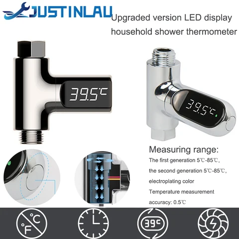 Termômetro de chuveiro de água doméstico com display LED 5-85 ℃   Termômetro de água autoalimentado de fluxo que monitora o medidor inteligente de energia para cuidados com o bebê