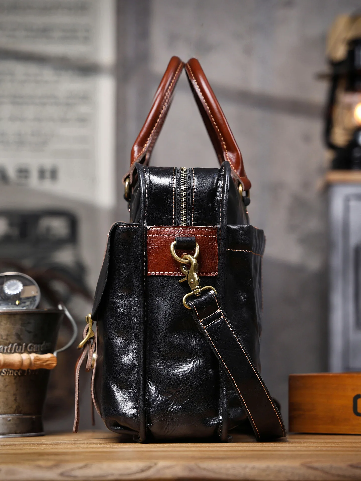 fashion designer handmade vegetable tanned cowhide men women's briefcase business genuine luxury leather black laptop handbag