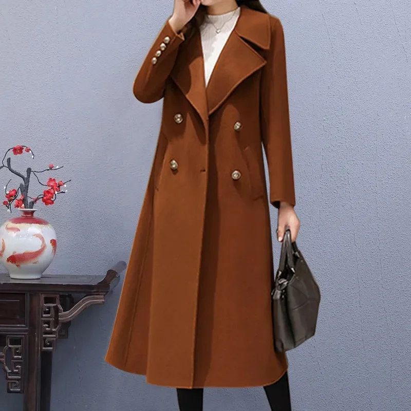 Women Wool Coat Double-Breasted Autumn Winter New Fashion Loose Long Trench Coat Retro Loose Female Overcoat Ladies Windbreak