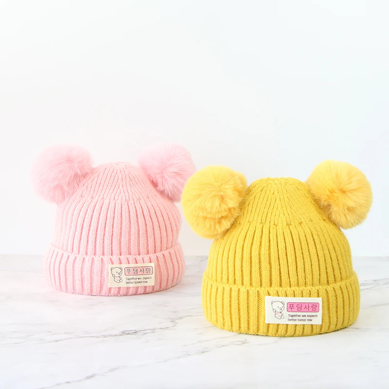 Cute Double Pompom Baby Knitted Hat Winter Thicken Warm Infant Boys Girls Cap Beanie Korean Solid Color Toddler Kids Hat Bonnet