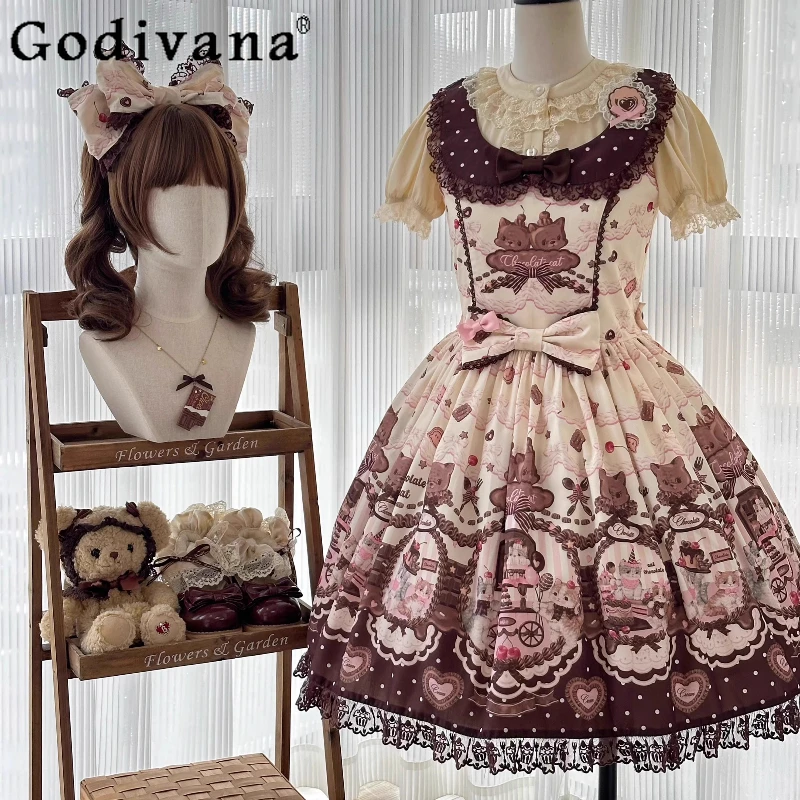 

Original Lolita Sweet Dress JSK Summer Girl's Cute Bow Print Kawaii Sleeveless Mini Dress Daily Daughter Birthday Party Dresses