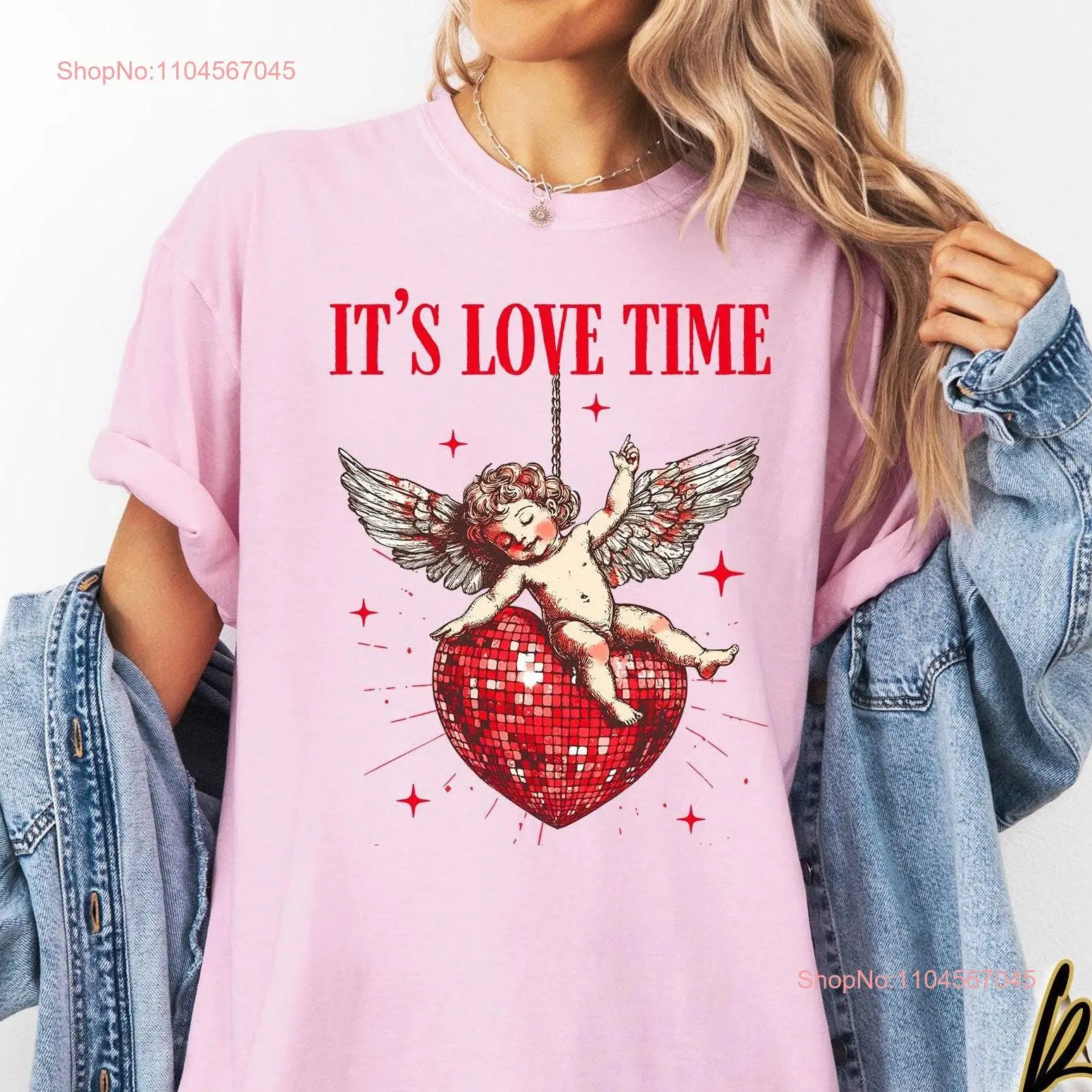 It's Love Time T Shirt Faux Glitter Disco Ball Design Cute Angel Baby Wings Comfort Colors Valentine's Day