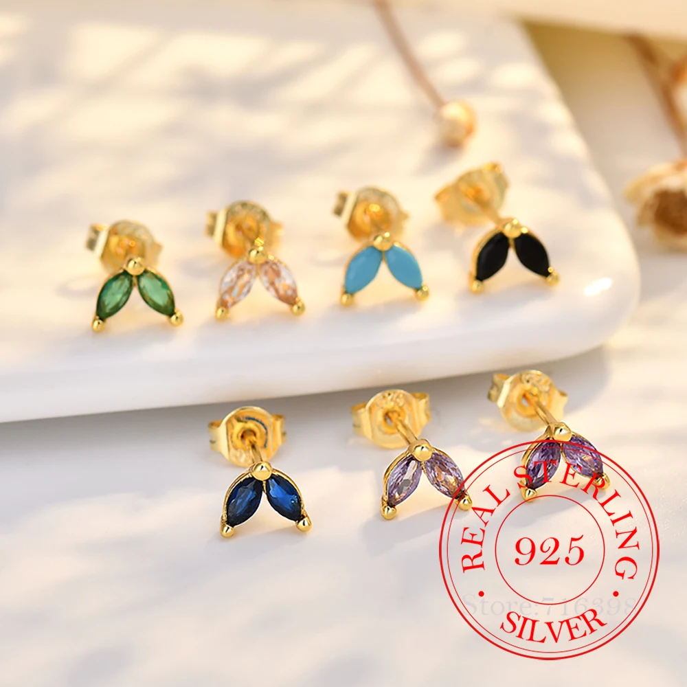 925 Sterling Silver Jewelry Colorful Zircon Crystal Fish Tail Stud Earrings for Women Wedding Party Jewelry For Friend Gift