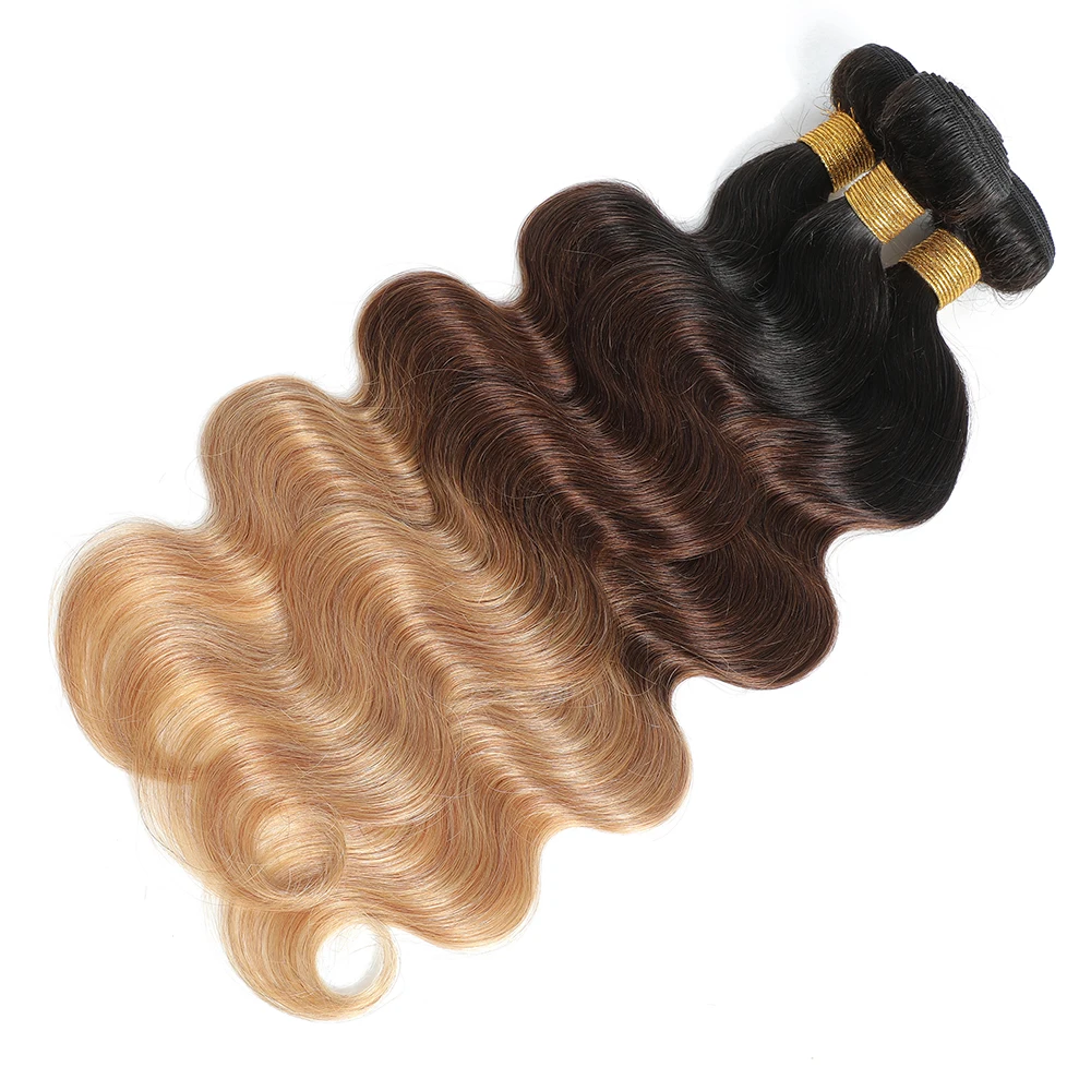 Ombre Color Body Wave Human Hair Bundles with closure Brazilian human hair 1b/4/27 Hair Weave Bundles human Hair Extension 4x4