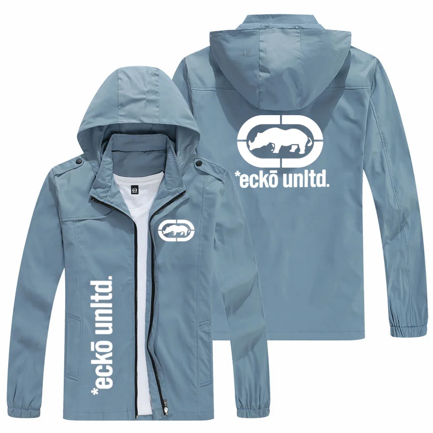 Spring Autumn Men Casual Hooded Windbreaker Ecko Unltd Rhino Graphic Vertical Side Letter Zip Up Coat Urban Street Fashion Outer