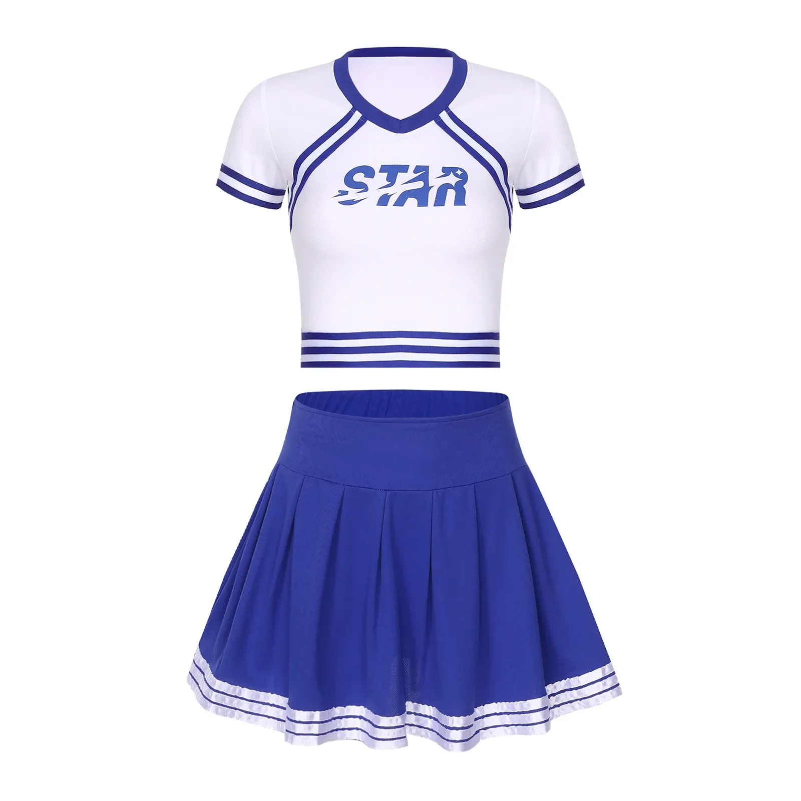 Womens Cheerleader Uniform Halloween Costume Adult Letter Print Crop Top + High Waist Built-in Shorts Pleated Skirt Cheer Outfit