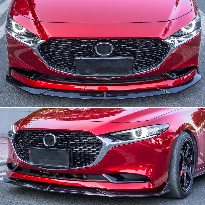 3PCS Black & Carbon Fiber Printing Front Bumper Cupspoiler Lip for Mazda Mazda3 4th IV BP 2019 - 2024