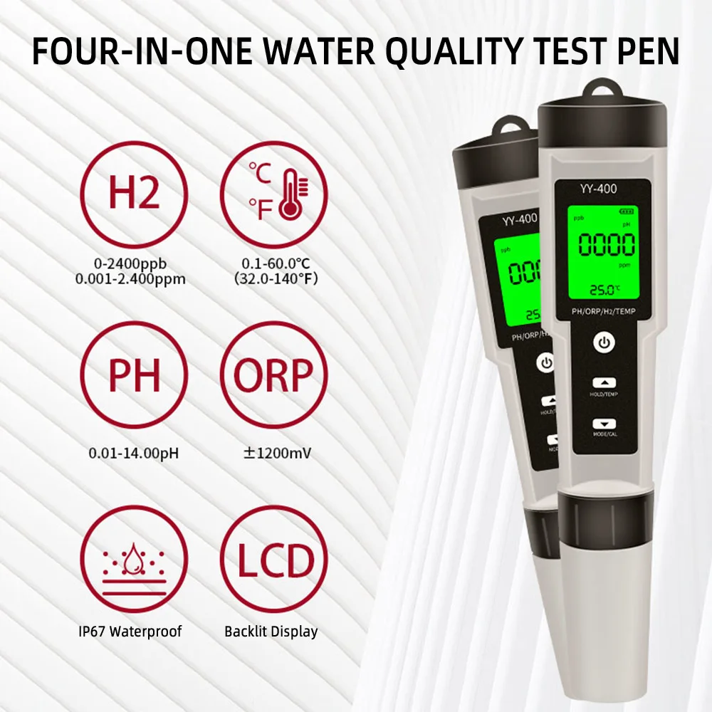 

1Pc 4 in 1 H2/PH/ORP/TEMP Meter LCD Backlight Digital Water Quality Monitor Tester PH Meter for Pools, Drinking Water, Aquariums