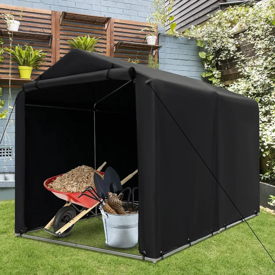 Outdoor storage shelter for bikes, garden tools, motorcycles: 7x5.2 ft portable shed with waterproof cover, roll-up zipper door