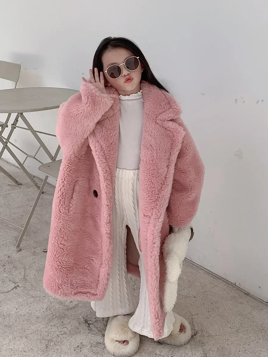 

Winter Coat Girls Boys 2024 Furry Hooded Teddy Bear White Pink Faux Fur Long Jacket Long Sleeve Kids Fleece Cardigan XMP614