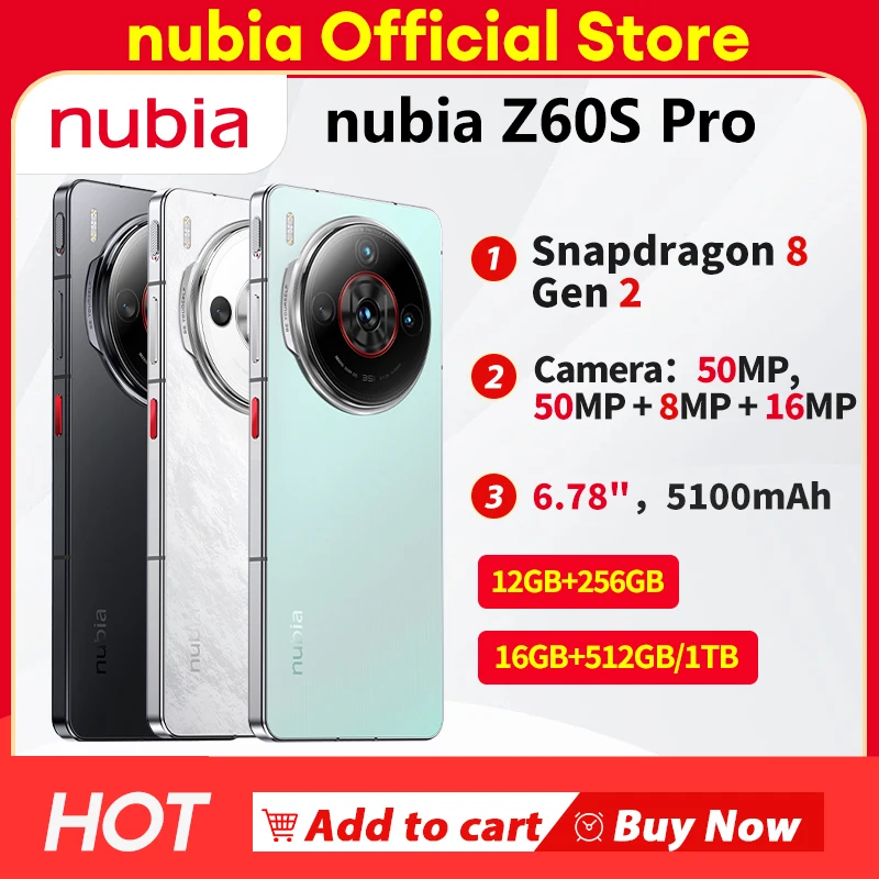 

Смартфон Nubia Z60S Pro 6,78 дюйма Snapdragon 8 Gen 2, аккумулятор 5100 мАч, 80 Вт, модель спутникового связи NX725J AI