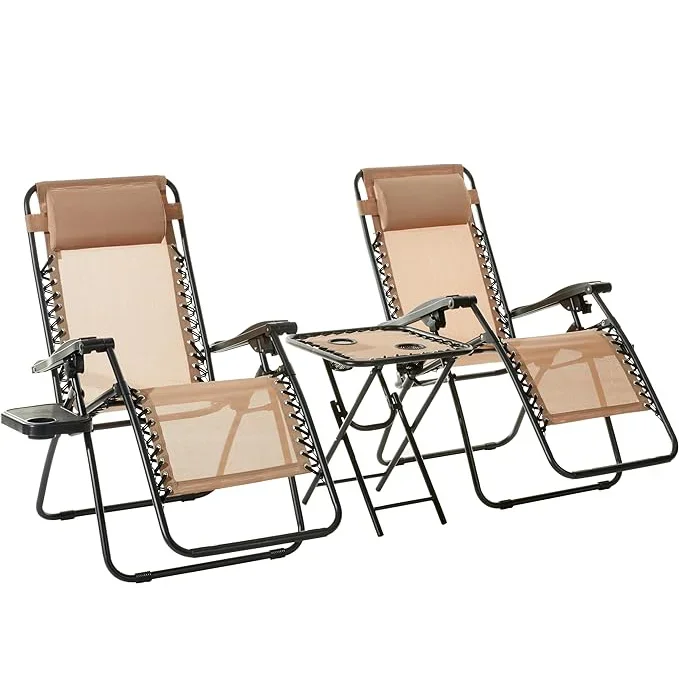 

Adjustable Zero Gravity 3-Piece Beige Lounge Chair Set 35 x 26 x 43 Inches Outdoor Reclining with Side Table