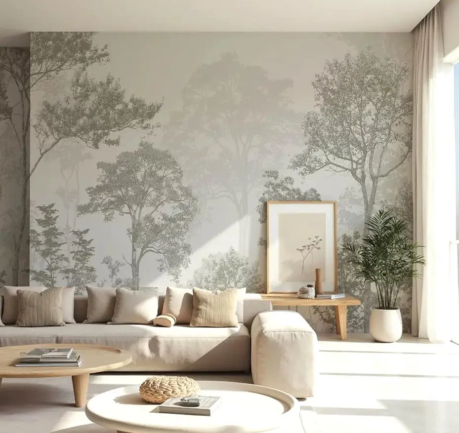 Customized Plant Mural Vintage Luxury French American Living Room Background Wall Nordic Cream Style Abstract Forest Wallpaper