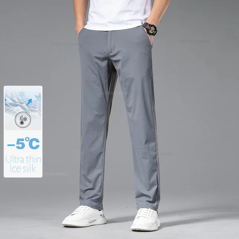 Summer Ultra-thin Ice Silk Quick-drying Casual Pants Male Gray Black High Elastic Straight Draped Men\'s Business Casual Trousers