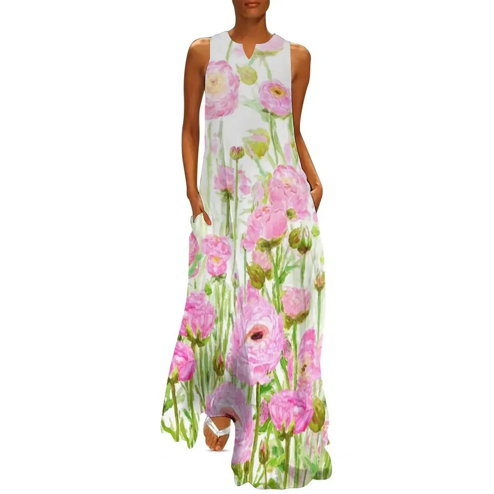 

pink ranunculus buttercup field Long Dress Female clothing dresses for special events sensual sexy dress for women Dress