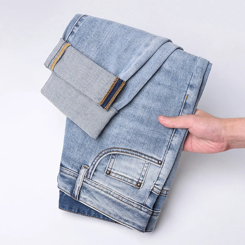 2024new light luxury high-end blue jeans men's simple fashion summer slim casual stretch office pants
