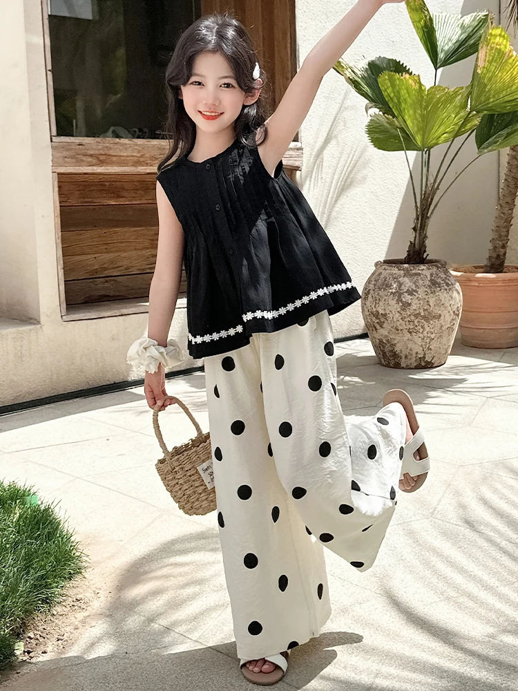 

Girls Summer Outfit Doll irt Set 2025 New Sle Middle School Girls Vest Nine Points Wide Leg Pants Two Piece Set