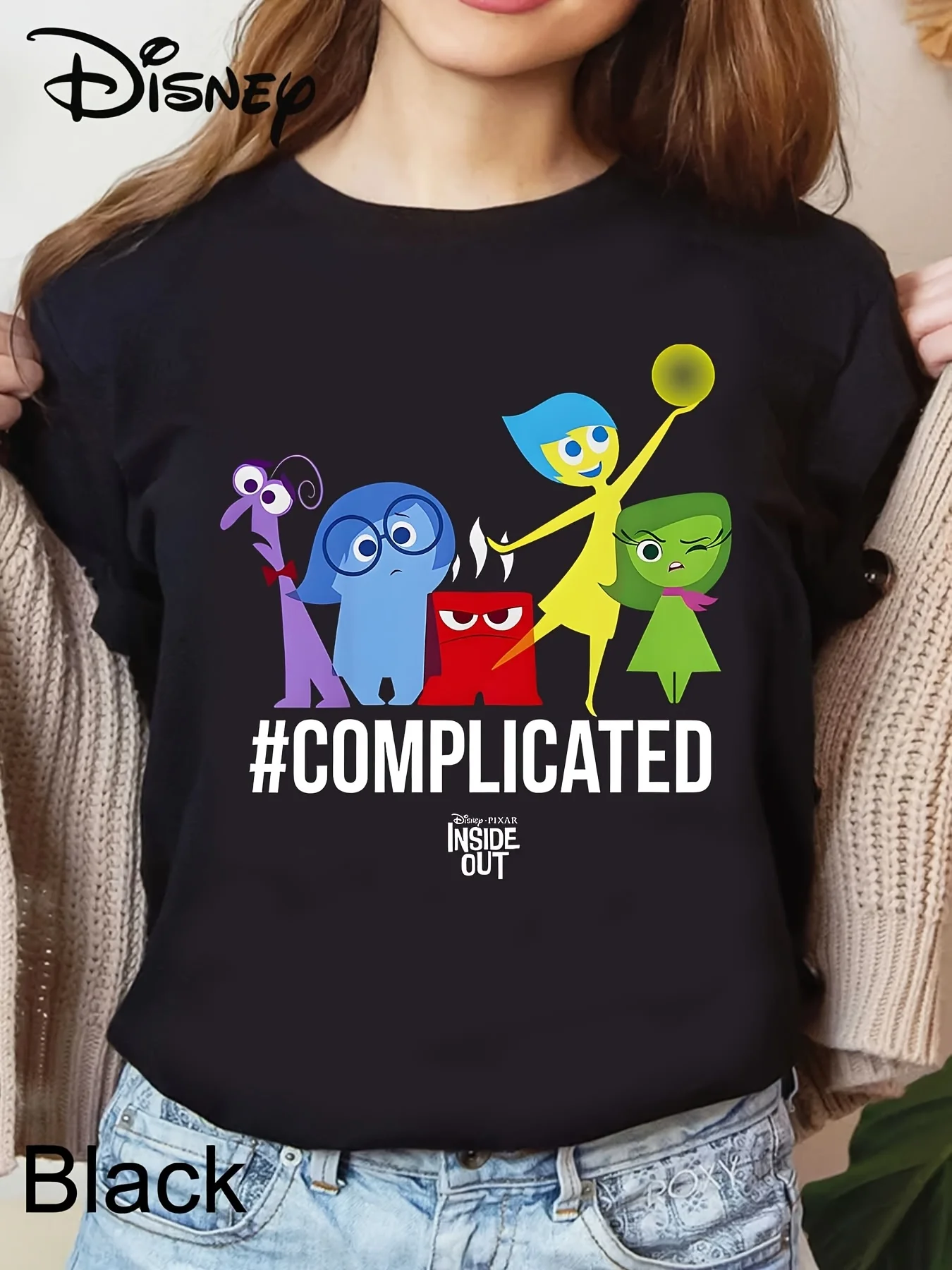 Women's Disney Pixar Inside Out 2 Joy Sadness Anger Fear Disgust Graphic T-Shirt - Black Casual Short Sleeve Tee with