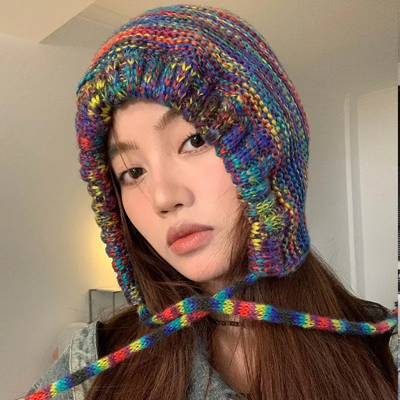 Hat Women Dopamine Autumn Winter Rainbow Knitted Cap Warm Ear Protection Cute Sweet Tie Wrap Head Caps Hot