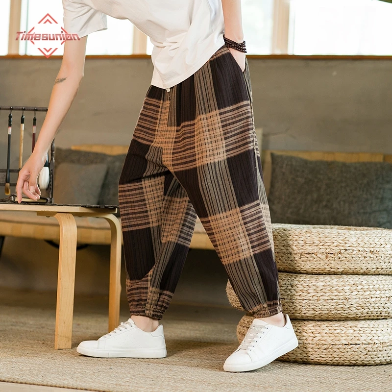 

2024 Spring/Summer Cotton Linen Pants for Mens Fashion Plaid Print Casual Pants Comfortable Loose Low-grade Baggy Pants Man