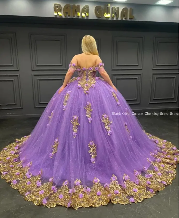 Fantasie Paarse Quinceanera Jurken 2024 Een Schouder Kathedraal Trein 3d Gebloemde Kralen Applique Vestido De 15 Quinceañera