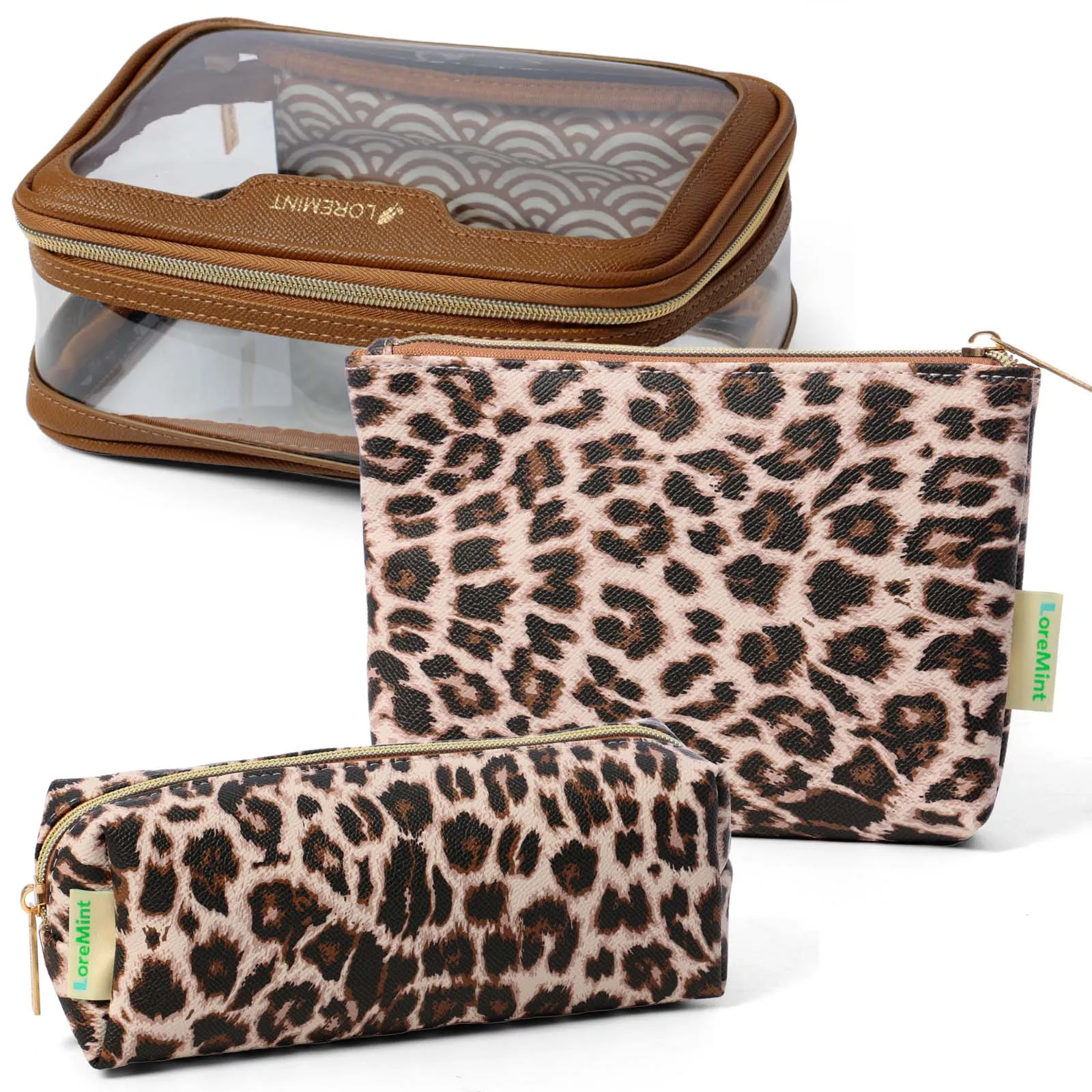 3 Pack Clear Travel Toiletry Bag Set, Transparent See-Through Cosmetic Organizer with Leopard Print Makeup Brush Pouch, Portable Travel Wash Kit for Women
