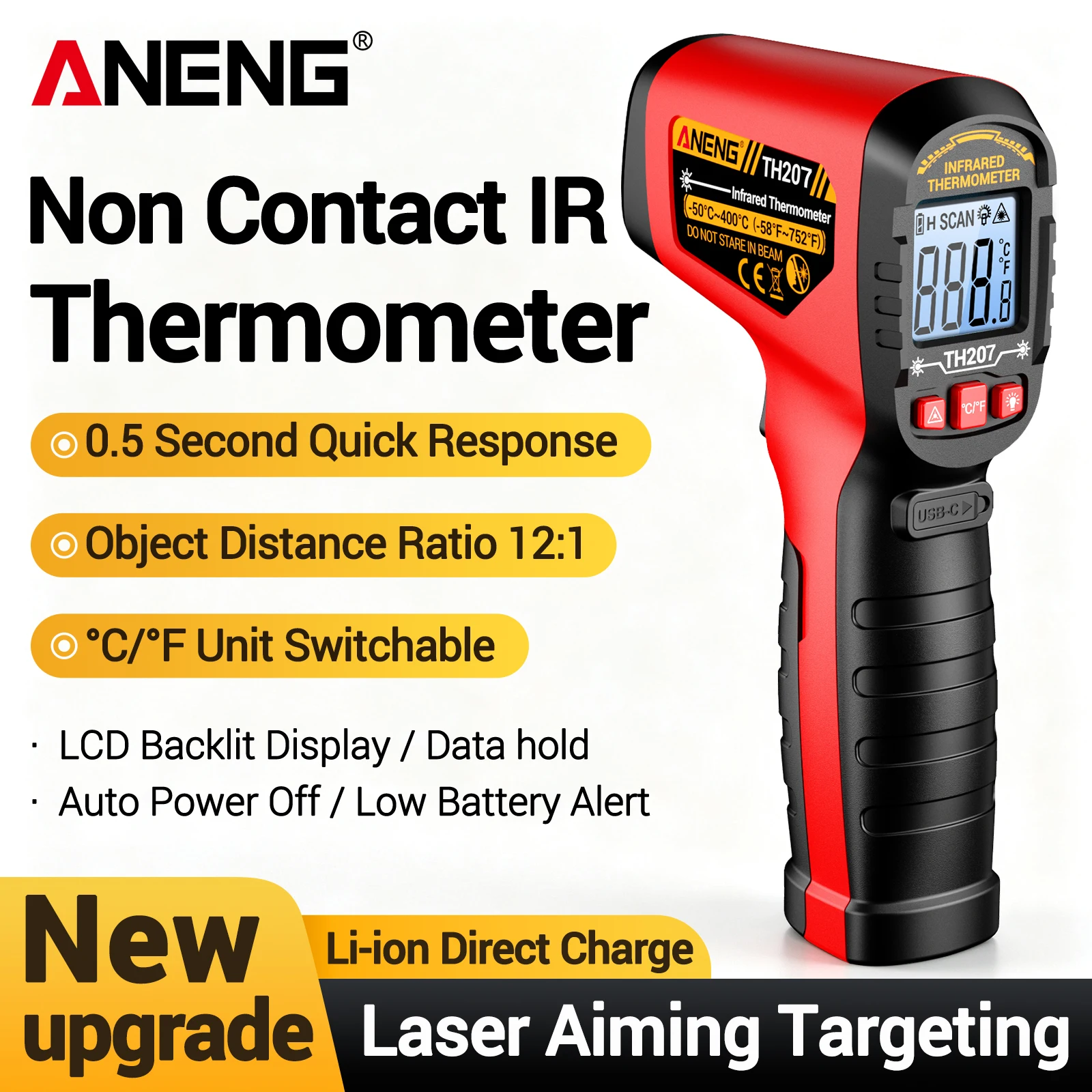 ANENG TH207 Rechargeable Non‑Contact IR Thermometer Gun -50~400℃ 12:1 D:S Laser Aiming Data Hold BBQ Car HVAC Backlit ℃/℉ Switch