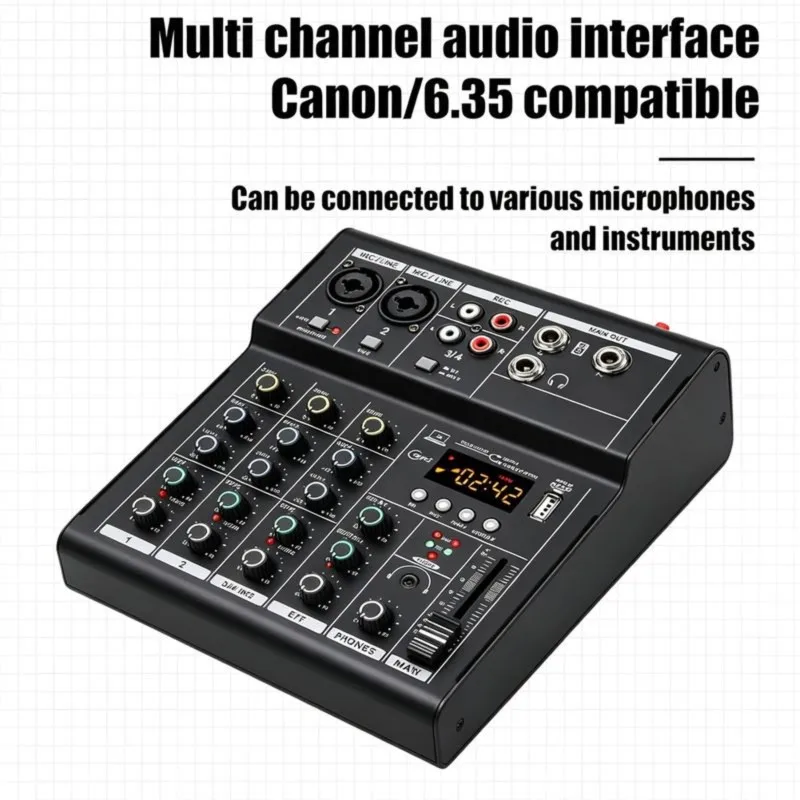 DT23 Professional 4 Channel Mini USB Mixer, Portable Audio Interface Sound Card Console for Guitar Recording Studio