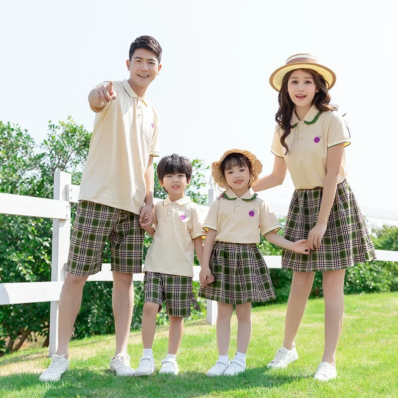 Mom Daughter Matching Plaid Pleated Skirt and Top Two Piece Outfit Dad and Son Same Clothes Set Parent-child Clothing for Family