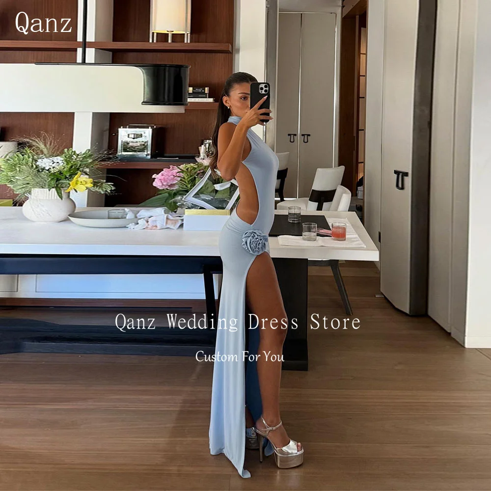 

Qanz Sexy Mermaid Party Dresses Sky Blue Satin High Leg Slit Backless Evening Dresses Speical Occasion For Women Customized