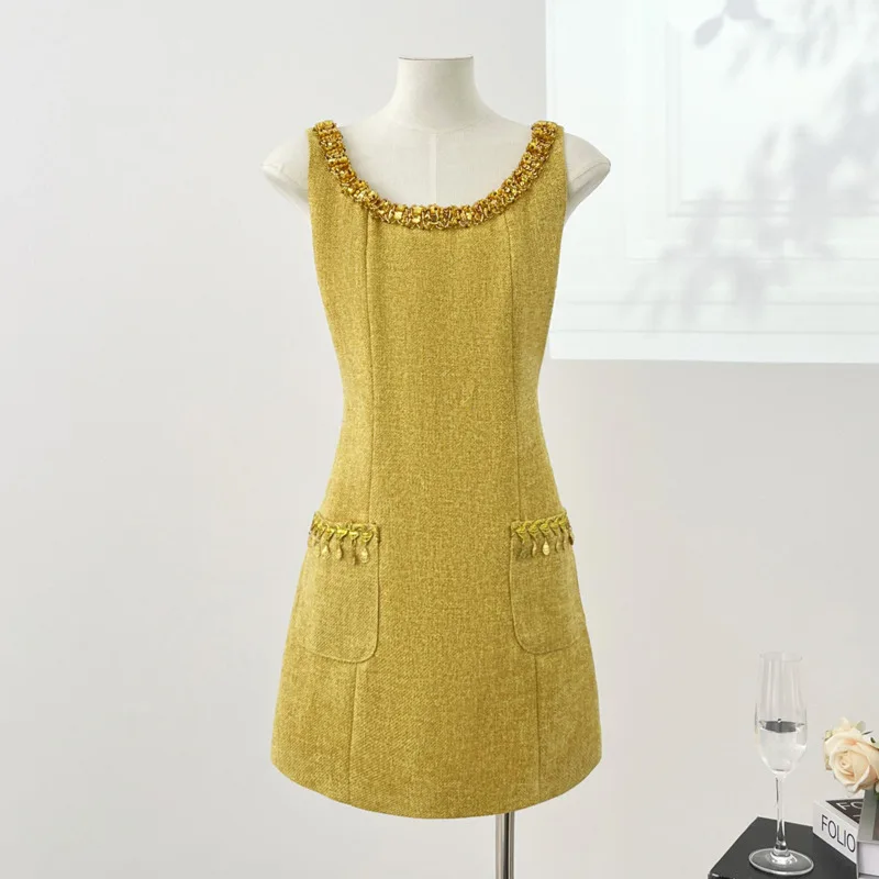 

High Street French Elegant Small Fragrant Summer Dresses Women 2025 New Fashion Luxury Beading Mini Dress Party Vestido Feminino
