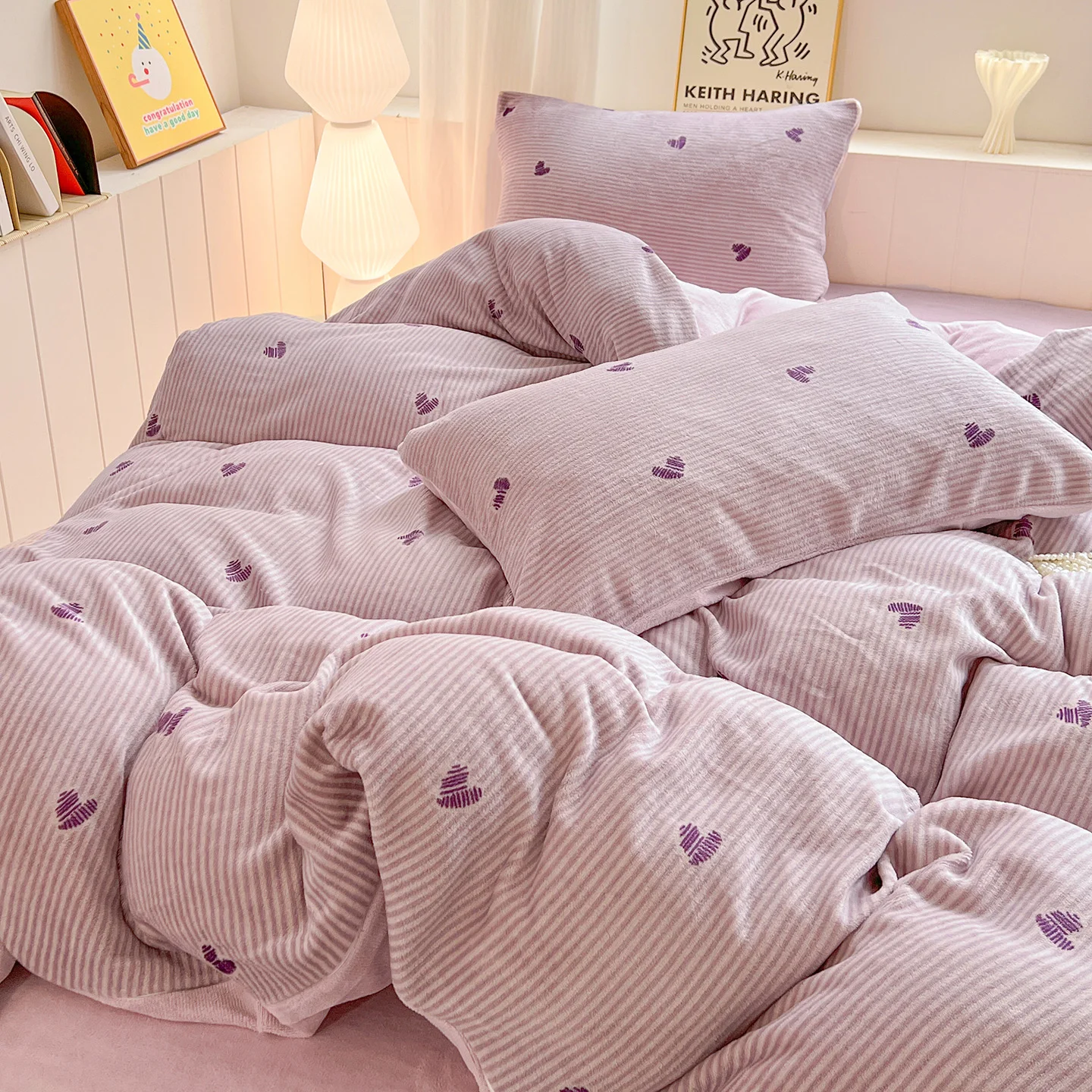 Striped Plush Bedding Set, Ultra Soft Warm Flannel Duvet Cover Set with 2 Pillowcases, Non-Shed Quilt Cover for Winter Bedroom