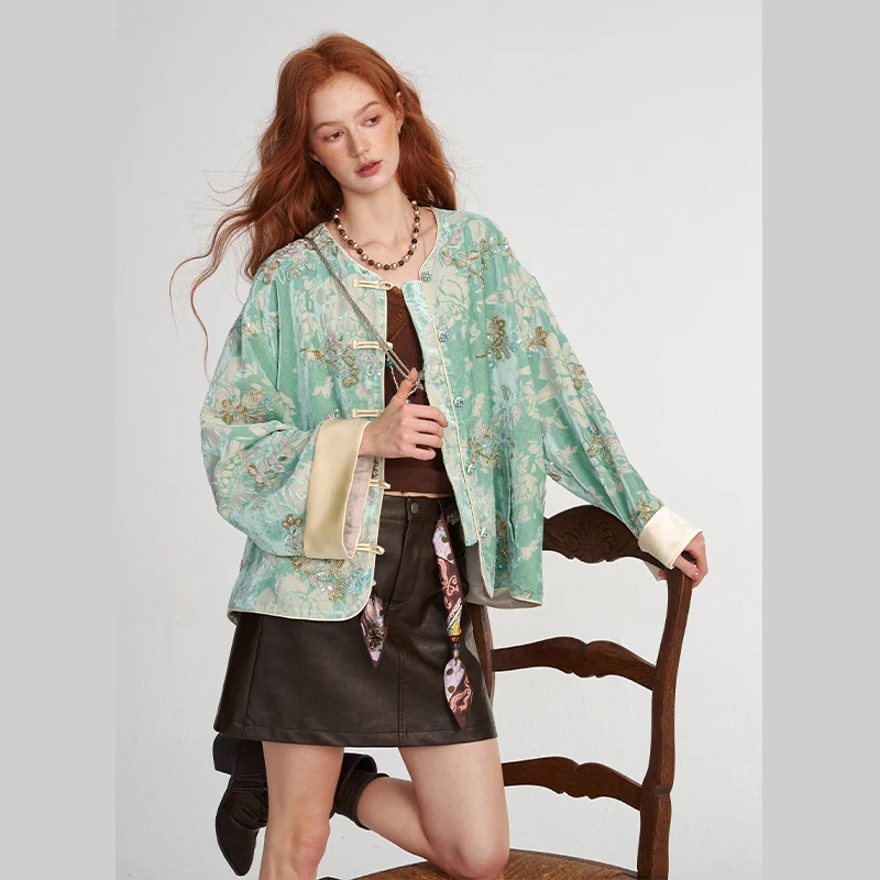 ELFSACK Women's Neo-Chinese Blouse with Floral Print, Oriental Long Sleeve Top, Casual Daily Wear