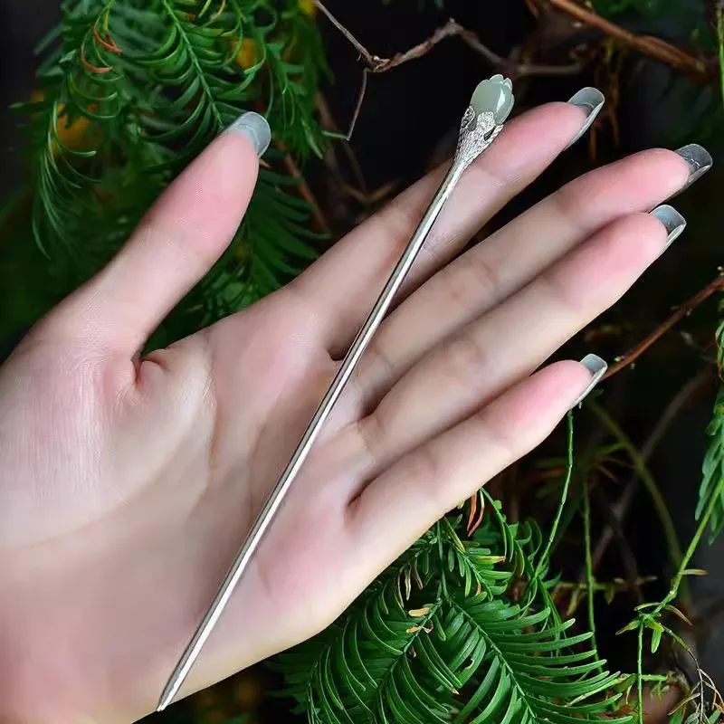 Chinese Style Lucky Jade Magnolia Hairpin S925 Silver Plated Vintage Hair Accessory For Women Hanfu Cosplay Blessing Auspicious