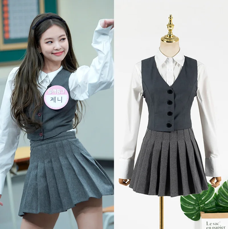 White Long Sleeve Shirt Vest  Skirt Set Jennie Lisa Jisoo Kim Ji Won Korean Style Women's Autumn Fashion Ethnic Clothing