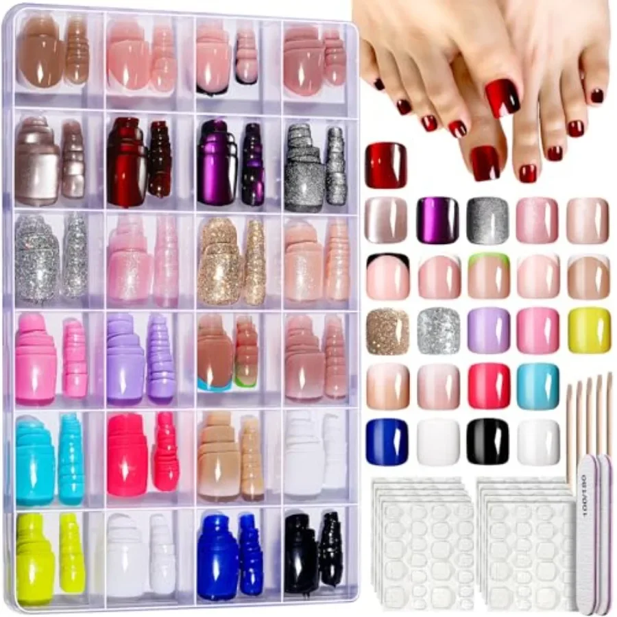 

Press On Toenails 24 цвета Короткие квадратные французские кончики Cat Eye Toe Nail Press Ons для женщин и девочек Красные накладные ногти с омбре G