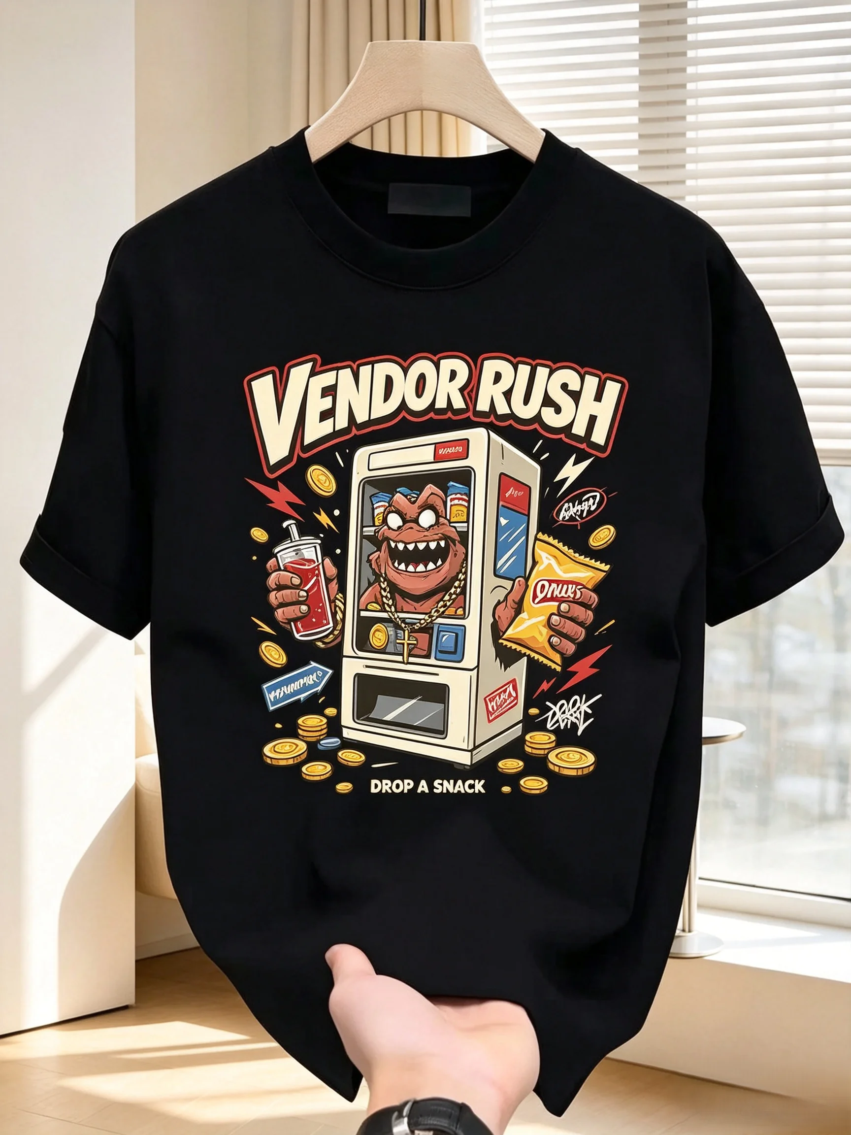 Unisex VENDOR RUSH Vending Machine Monster Graphic T Shirt Men Women Hip Hop Cartoon Snack Short Sleeve Black Streetwear Tee