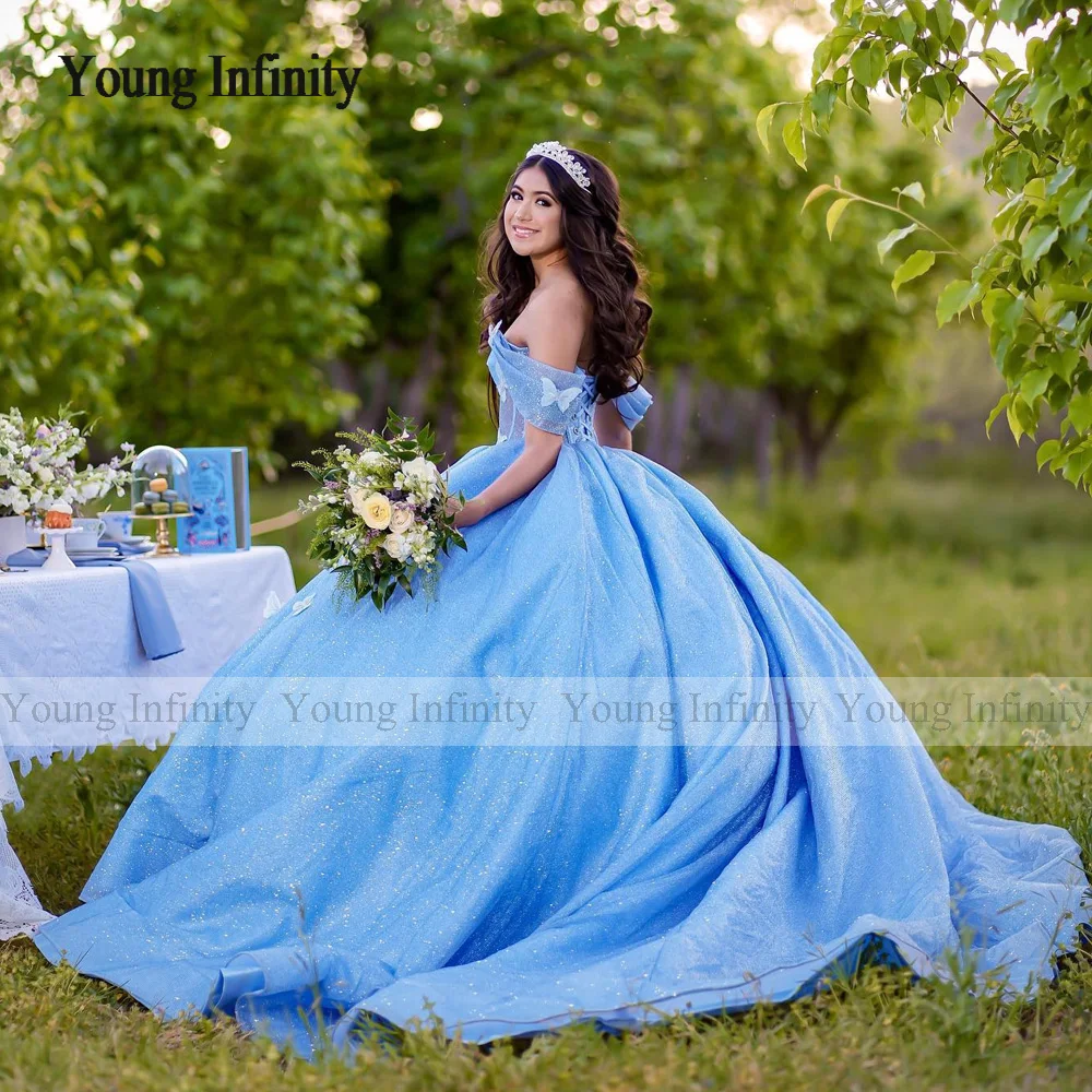 Blue Quinceanera Dress 2024 Ball Gown Princess Sweet 15 16 Birthday Party Gown Pleats Layers Ruffle Backless Pageant Butterfly